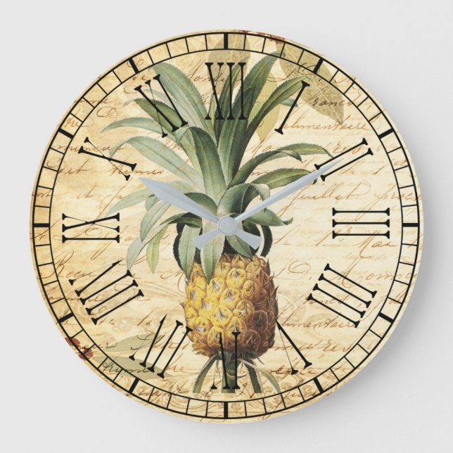 Reloj Redondo Grande Trendy  Pineapple Art Vintage Calligraphy (Anverso)