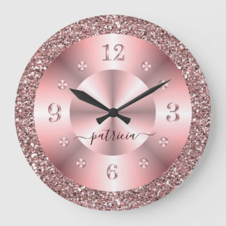 Reloj Redondo Grande Trendy Rose Gold Glitter Sparkle Personalized Name