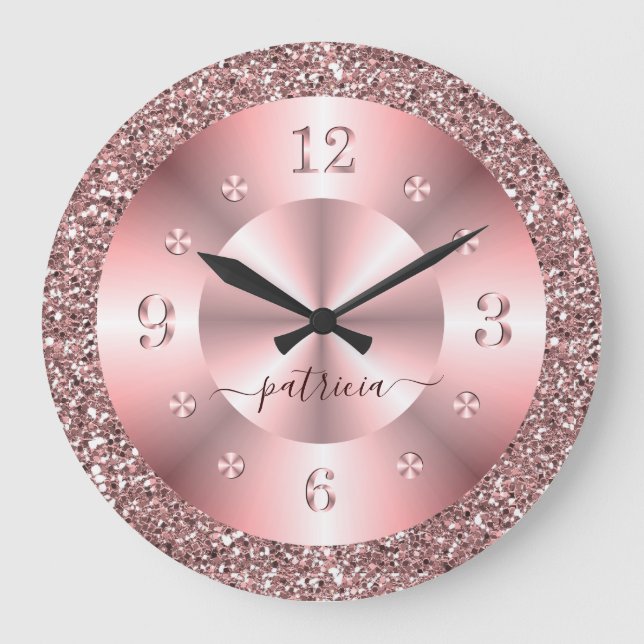 Reloj Redondo Grande Trendy Rose Gold Glitter Sparkle Personalized Name (Anverso)