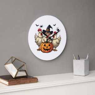 Reloj Redondo Grande Tres espeluznantes granjeros de pollo de Halloween