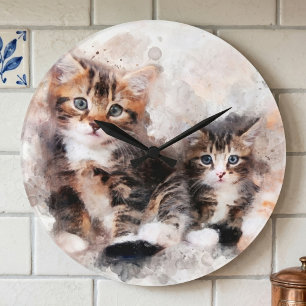 Reloj Redondo Grande Tres gatitos hermosos y lindos acuarela
