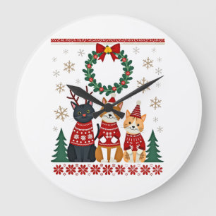Reloj Redondo Grande Tres gatos divertidos Navidades gato suéter feo de