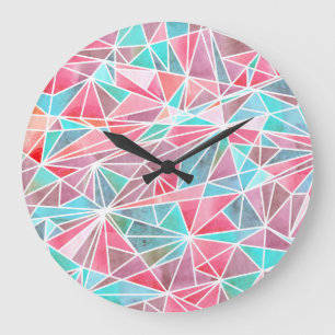 Reloj Redondo Grande Triángulos acuáticos, mosaico de verano brillante.