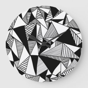 Reloj Redondo Grande Triángulos mosaicos, textura blanca negra.