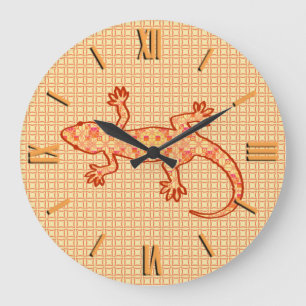 Reloj Redondo Grande Tribal batik Gecko - coral and light orange