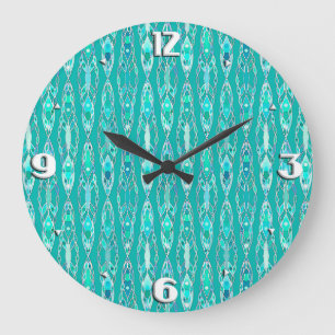 Reloj Redondo Grande Tribal Batik - Turquoise and Aquamarine