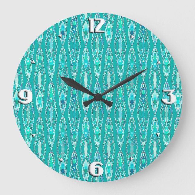 Reloj Redondo Grande Tribal Batik - Turquoise and Aquamarine (Anverso)