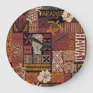 Reloj Redondo Grande Tribal hawaiana: Parchwork de tela vintage