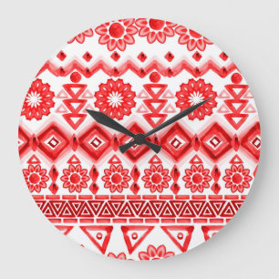 Reloj Redondo Grande Tribus rojas, acuarela, patrón étnico.