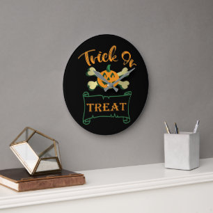 Reloj Redondo Grande Trick or treat cruz de huesos calabaza de Hallowee
