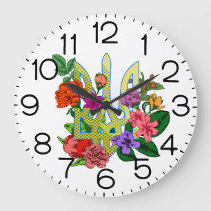 Reloj Redondo Grande tridente tryzub de la heráldica ucraniana flores f