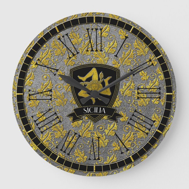 Reloj Redondo Grande Trinacria Siciliana Elegante Plata Dorada (Anverso)