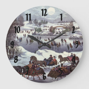 Reloj Redondo Grande Trineos Navideños Antiguos, Central Park en Invier