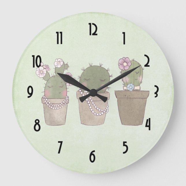 Reloj Redondo Grande Trio De Cactus Cute Con Joyería (Anverso)