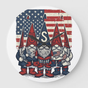 Reloj Redondo Grande Trío de gnomos patrióticos de EE. UU. Diseño vecto