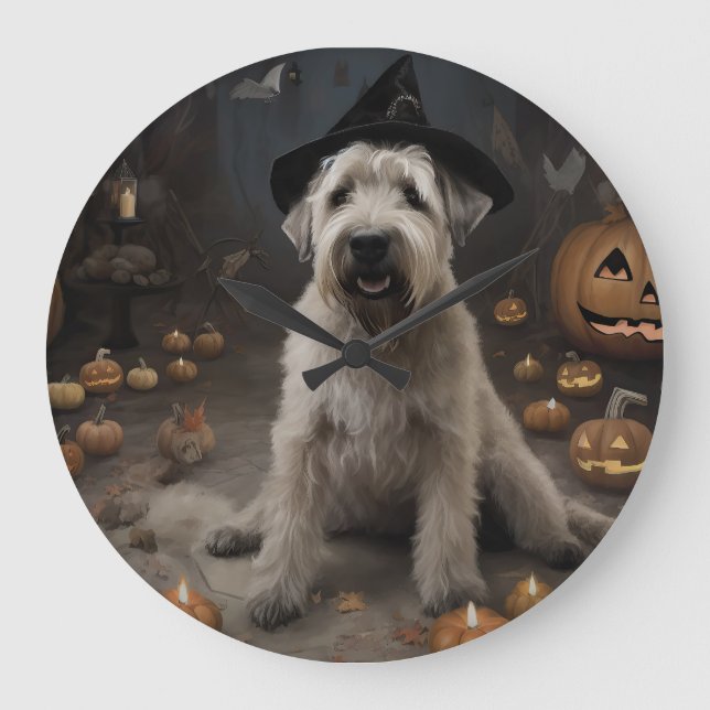 Reloj Redondo Grande Triste miedo por las calabazas de Wheaten Terrier  (Anverso)