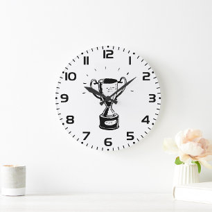 Reloj Redondo Grande Trofeo Dibujado a Mano Retro Premio en Blanco y Ne