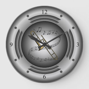 Reloj Redondo Grande Trombone ~ Musical Scroll ~ Silver Speaker ~