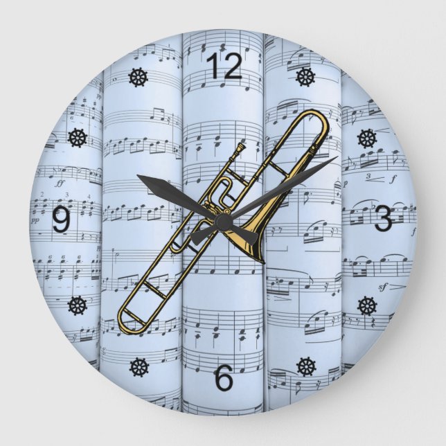 Reloj Redondo Grande Trombone~Rolling Sheet Music~Blue Tint Background~ (Anverso)
