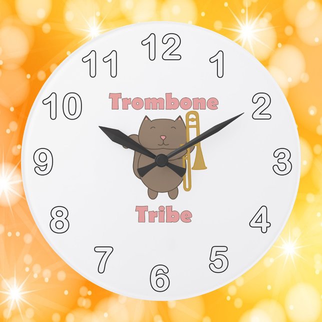 Reloj Redondo Grande Trombone Tribe Brown Cat (A clock with a brown cat holding a trombone and the words trombone tribe in pink.)