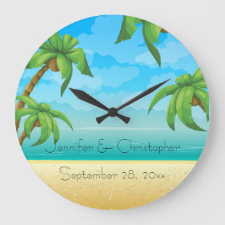 Reloj Redondo Grande Tropical Beach and Palm Trees Wedding Memento
