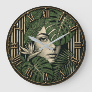 Reloj Redondo Grande Tropical Botanical Woman Jungle Monstera Leaf 