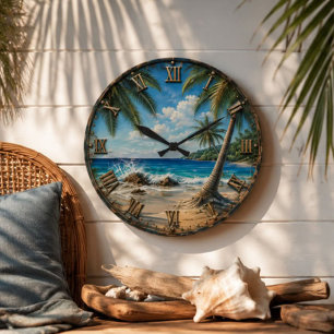Reloj Redondo Grande Tropical Coastal Ocean palm Tree Beach