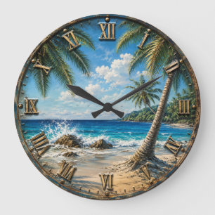 Reloj Redondo Grande Tropical Coastal Ocean palm Tree Beach