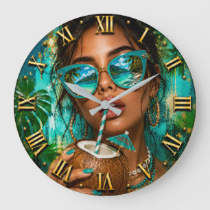 Reloj Redondo Grande Tropical Coconut Beach Woman Portrait