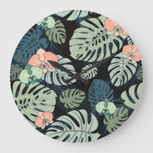 Reloj Redondo Grande Tropical Exótico: Patrón Floral