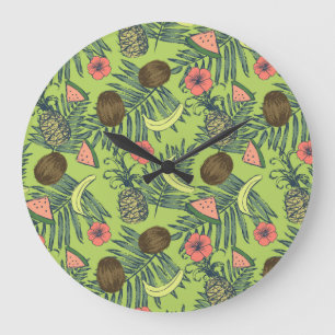 Reloj Redondo Grande Tropical Fruit Sketch on Green Pattern