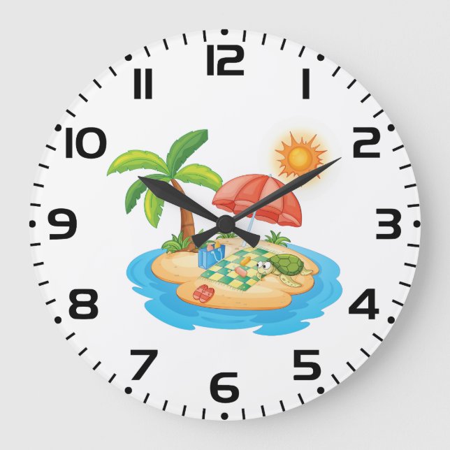 Reloj Redondo Grande Tropical Island Beach Turtle Palm Tree Picnic (Anverso)