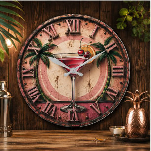 Reloj Redondo Grande Tropical Martini Pink Cocktail Bar Decor