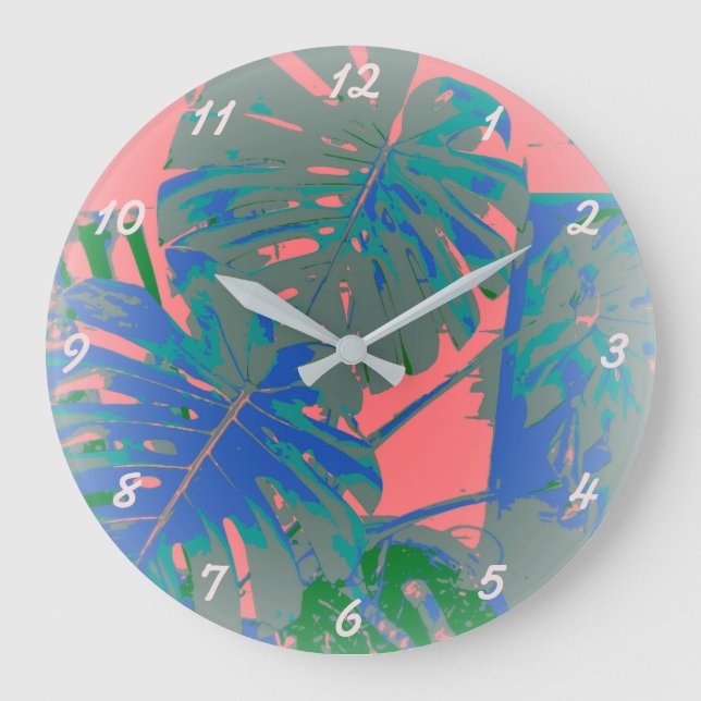 Reloj Redondo Grande Tropical Monstera Leaves (Anverso)