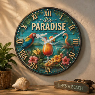 Reloj Redondo Grande Tropical Paradise Colorful Macaw Cocktail Beach 