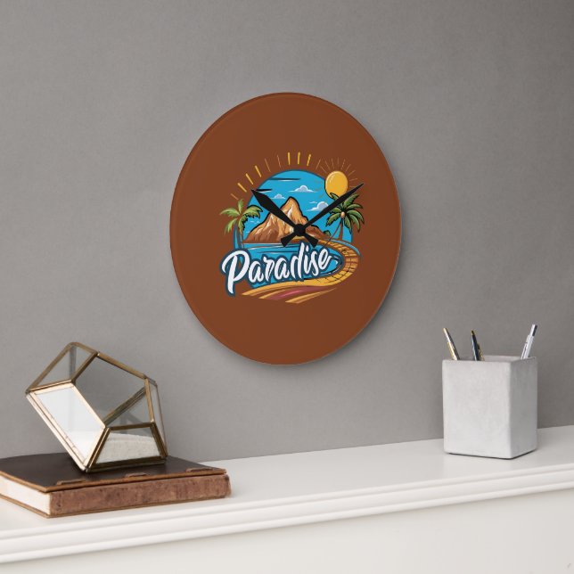 Reloj Redondo Grande Tropical Paradise Island Logo Art (Oficina)