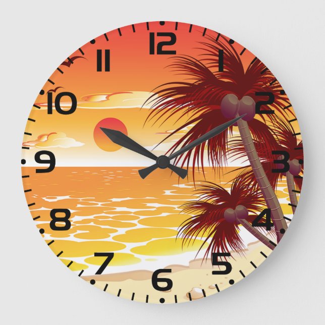 Reloj Redondo Grande Tropical Sunset Beach Palm Tree Island (Anverso)