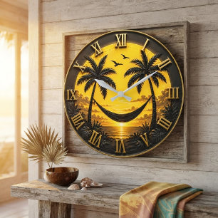 Reloj Redondo Grande Tropical Sunset Hammock Luxury Coastal Beach Decor