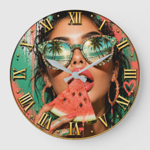 Reloj Redondo Grande Tropical Watermelon Paradise Glam Woman Portrait