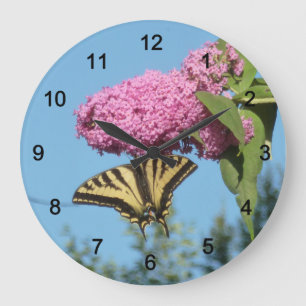 Reloj Redondo Grande Truco de tigre amarillo contra la mariposa rosa