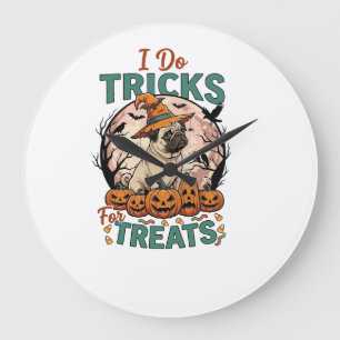 Reloj Redondo Grande Trucos Golosinas Halloween Pug Sombrero de Bruja C