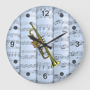 Reloj Redondo Grande Trumpet~Rolling Sheet Music~Blue Tint Background ~