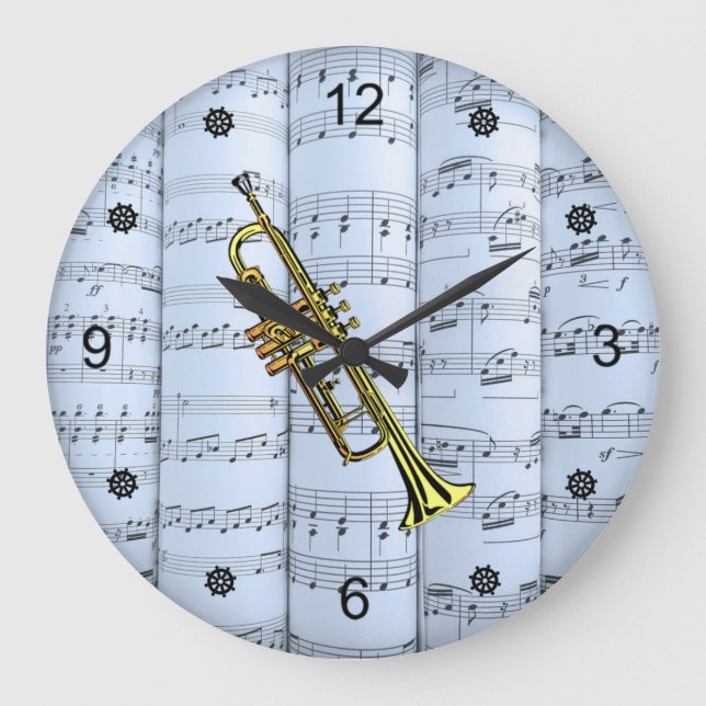 Reloj Redondo Grande Trumpet~Rolling Sheet Music~Blue Tint Background ~ (Anverso)