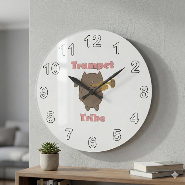Reloj Redondo Grande Trumpet Tribe Cat Pink Letters (A clock featuring a brown cat playing the trumpet with the words trumpet tribe.)