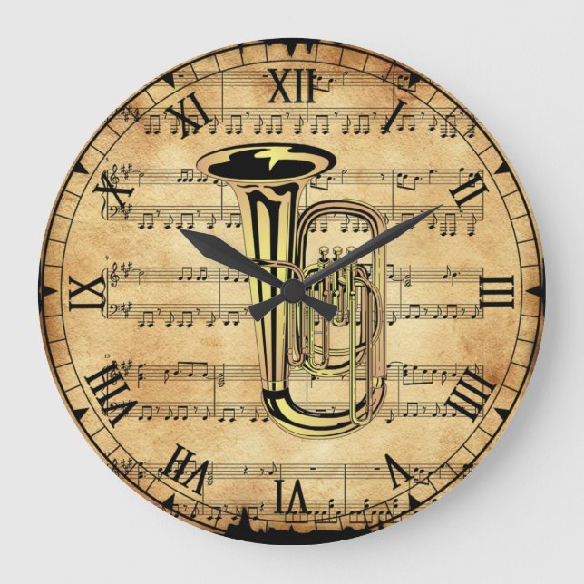 Reloj Redondo Grande Tuba ~ Fondo musical de hoja de cosecha ~ Único ~ (Anverso)