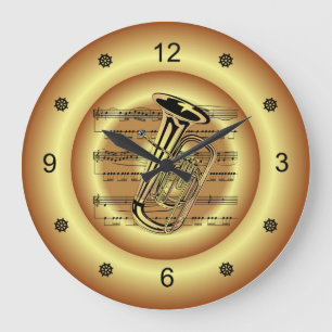 Reloj Redondo Grande ~ Tuba ~  Sheet Music ~ Gold Background ~ 
