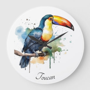 Reloj Redondo Grande Tucán en rama arte acuarela, personalizado