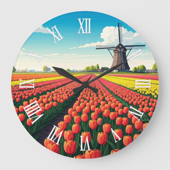 Reloj Redondo Grande Tulip Fields Windmill Holland Netherlands (Anverso)