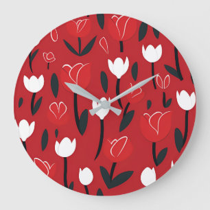 Reloj Redondo Grande Tulipán floral primaveral rojo y blanco atrevido
