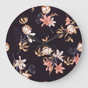 Reloj Redondo Grande Tulipanes de época, fondo morado oscuro